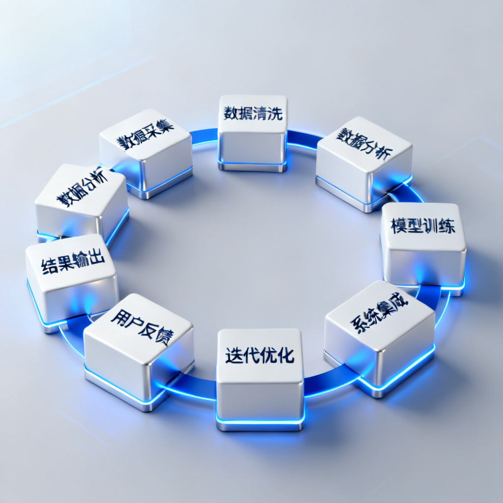 一个AI生成的3D图表，展示InsGEO八大功能模块的闭环流程，风格现代科技感，蓝色和白色为主色调