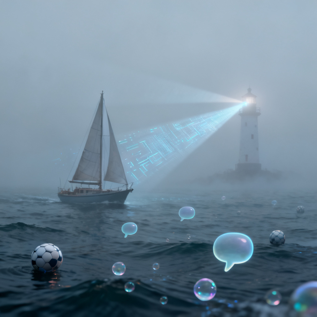 A sailboat sailing in thick fog, with a distant lighthouse emitting digital light beams, search balls and chat bubbles floating on the sea surface