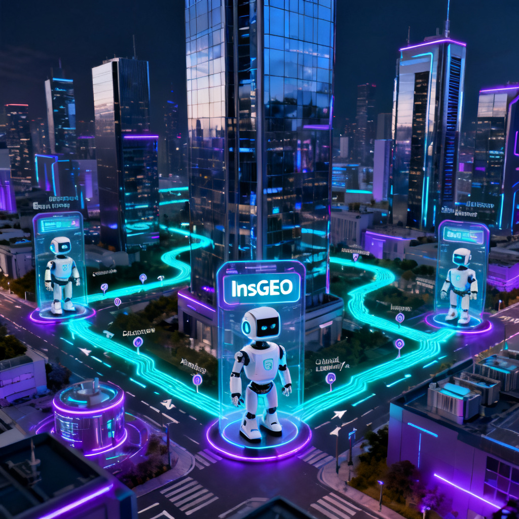 A futuristic cityscape where AI chatbots act as gateways to brand discovery, with glowing paths showing citation flows from content sources to AI responses, emphasizing InsGEO's role in navigating this new landscape