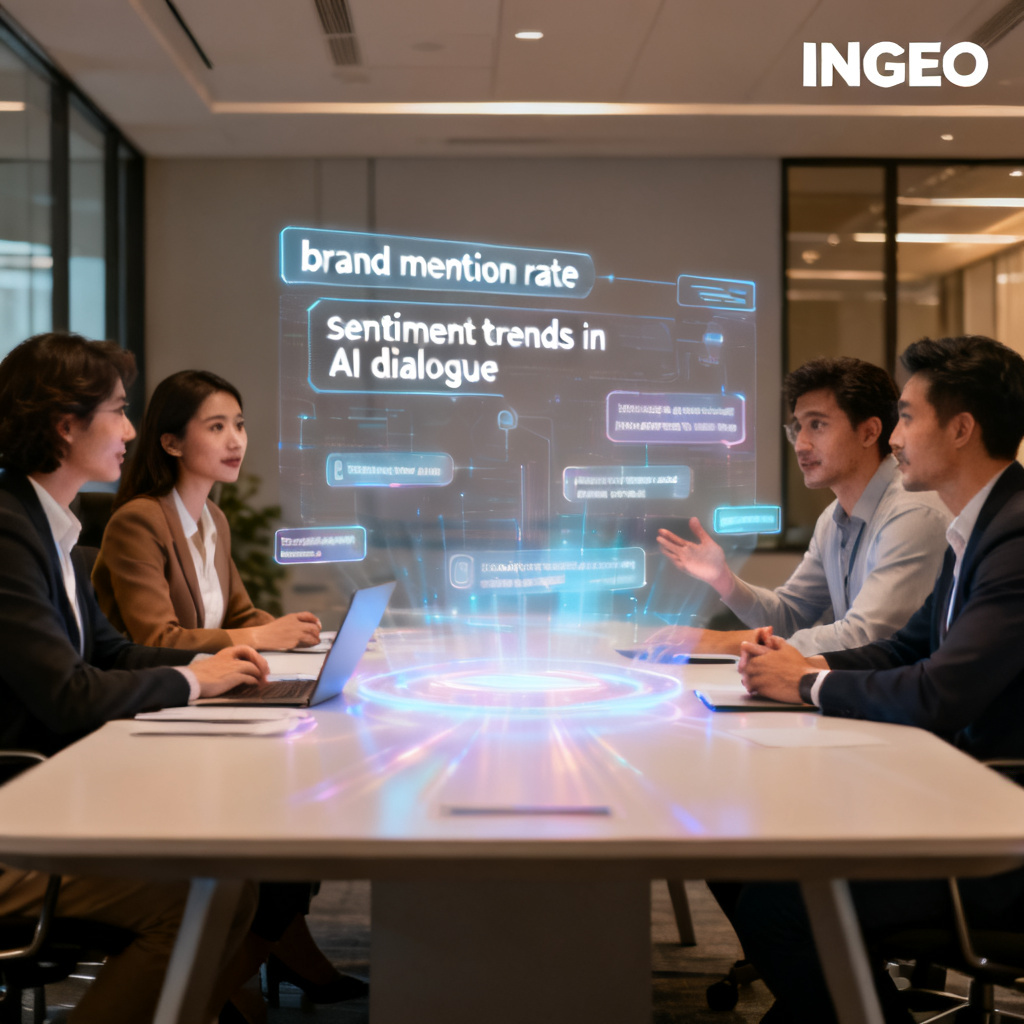 A marketing team sitting around a conference table, in front of them a holographic screen displays brand mention rate and sentiment trends in AI dialogue, with InsGEO logo in corner