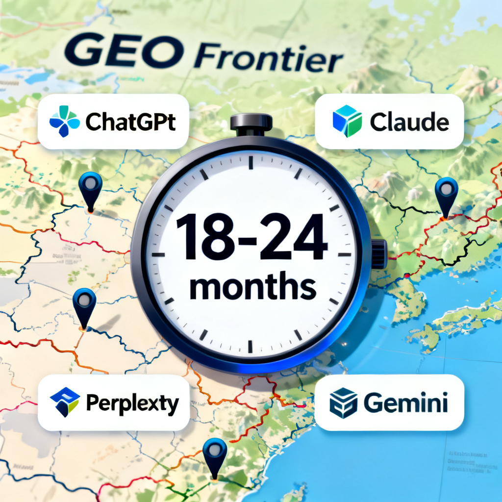 A countdown clock with 18-24 months text, surrounded by brand logos of ChatGPT, Claude, Perplexity, and Gemini, with a map in the background showing "GEO Frontier" marked with pins