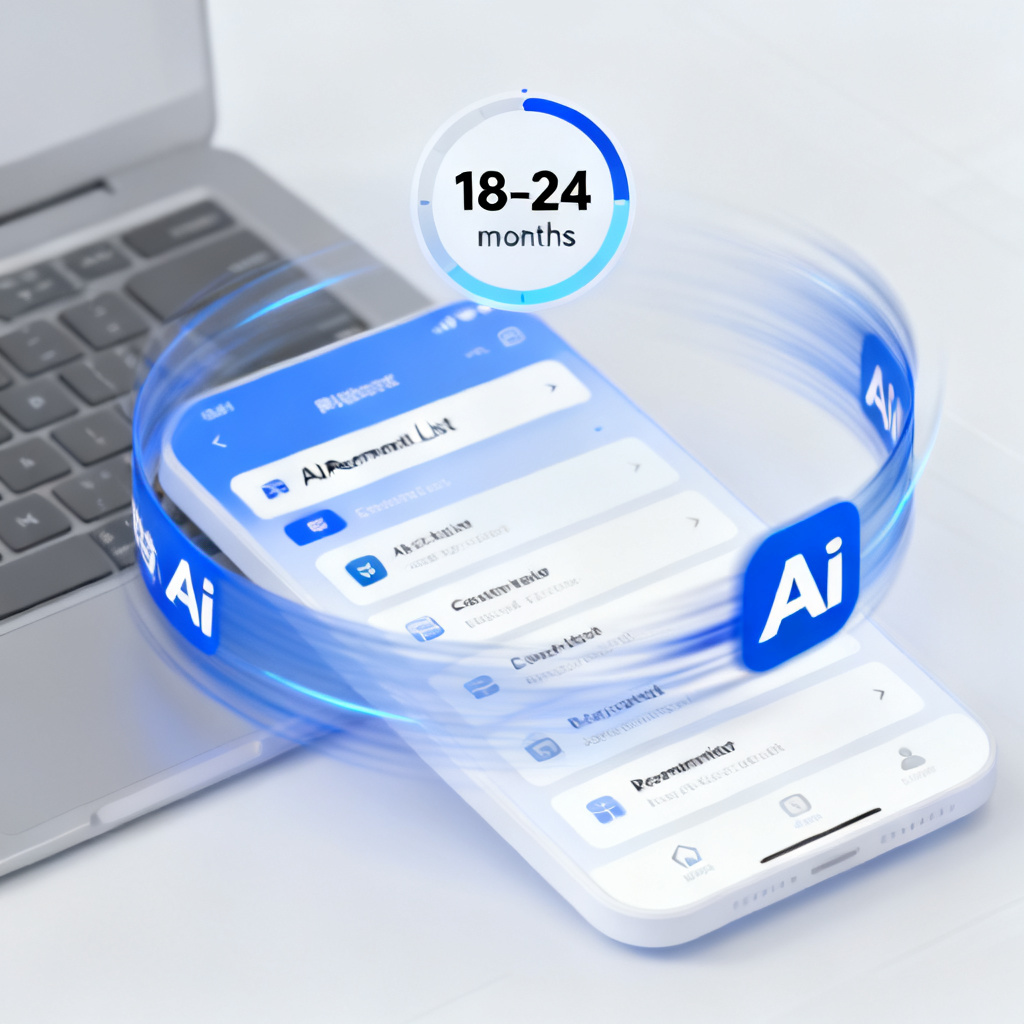 A countdown timer showing 18-24 months, with a brand logo moving from outside to inside an AI recommendation list, competitors left behind in gray