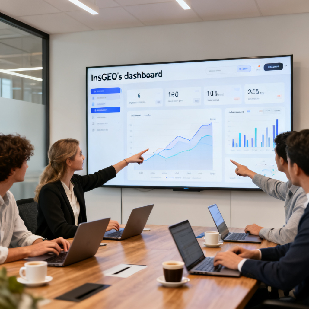 A scene showing a marketing team in a meeting room, with a large screen displaying InsGEO's dashboard. The team members are pointing at the screen, discussing metrics. The atmosphere is collaborative and data-driven, with laptops and coffee cups on the table.
