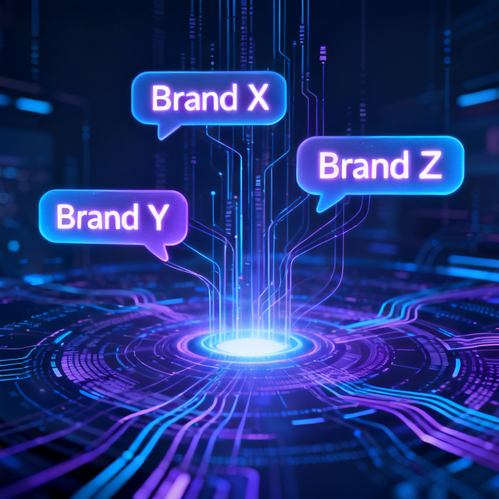 An abstract visualization of brand visibility in the AI era, with brand names appearing in floating AI conversation bubbles, surrounded by data streams connecting to a central glowing hub, representing enhanced brand perception, in a futuristic blue and purple color scheme