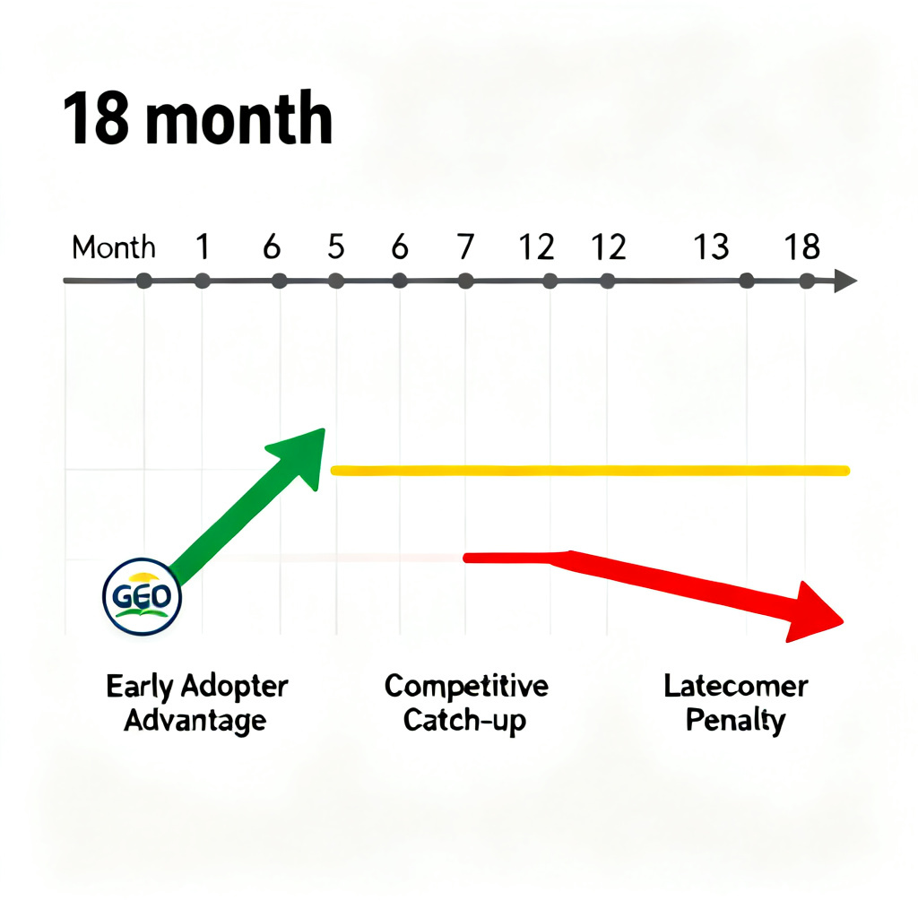 A timeline graphic showing a 18-month window with three phases: Month 1-6: Early Adopter Advantage (green arrow pointing up), Month 7-12: Competitive Catch-up (yellow flat line), Month 13-18: Latecomer Penalty (red arrow pointing down). A brand logo is placed at the start of the green arrow, symbolizing early GEO adoption.