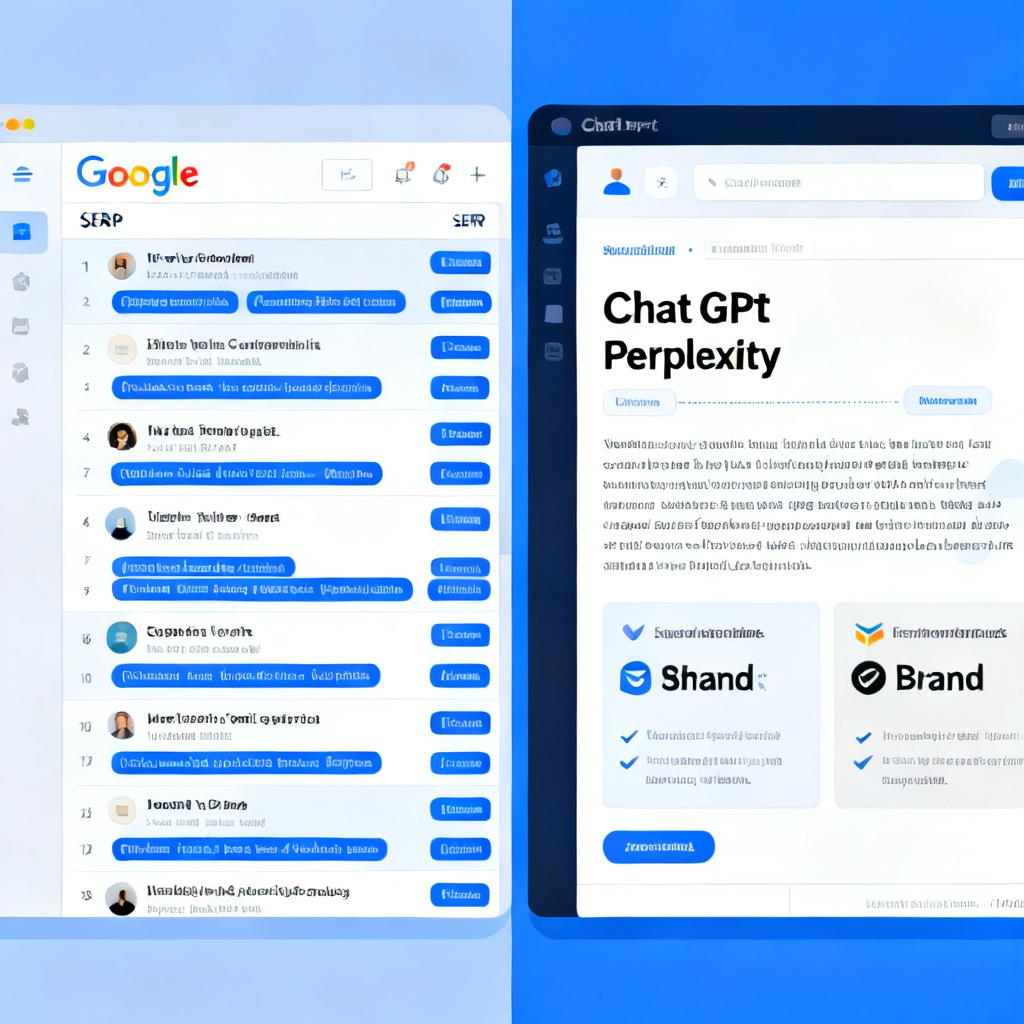 A split-screen illustration showing the contrast between traditional search engine results page with blue links and an AI chatbot interface generating a concise summary with brand recommendations. The left side shows Google SERP with ranked results, the right side shows ChatGPT or Perplexity interface with a direct answer.