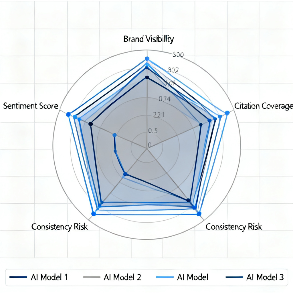 A multi-dimensional radar chart dashboard in a professional business analytics style, displaying brand visibility, citation coverage, consistency risk, and sentiment scores across multiple AI models. Color palette: corporate blue and gray.