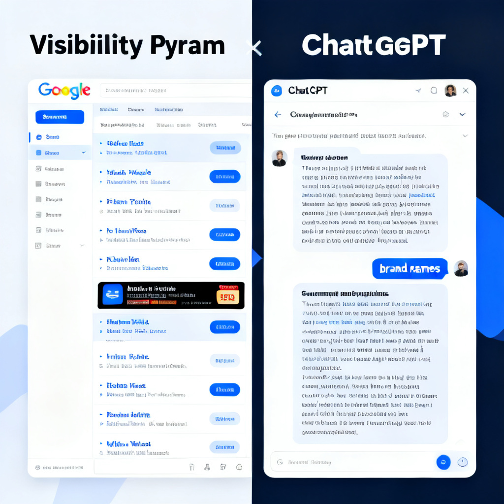 A split-screen comparison: left side shows a traditional Google SERP with blue links and ads; right side shows a ChatGPT conversation summarizing recommendations. The right side highlights brand names in bold, emphasizing the new visibility paradigm.