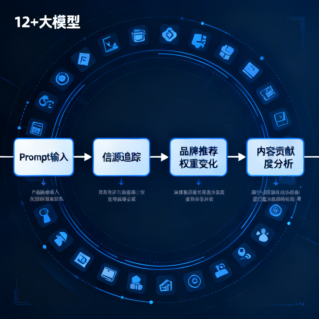 InsGEO对话归因中心流程图,显示Prompt输入、信源追踪、品牌推荐权重变化、内容贡献度分析的完整链路,背景是12+大模型图标