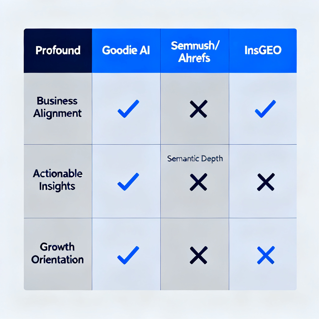 A comparison infographic showing four columns representing Profound, Goodie AI, Semrush/Ahrefs, and InsGEO, with checkmarks and X marks for features like business alignment, actionable insights, semantic depth, and growth orientation