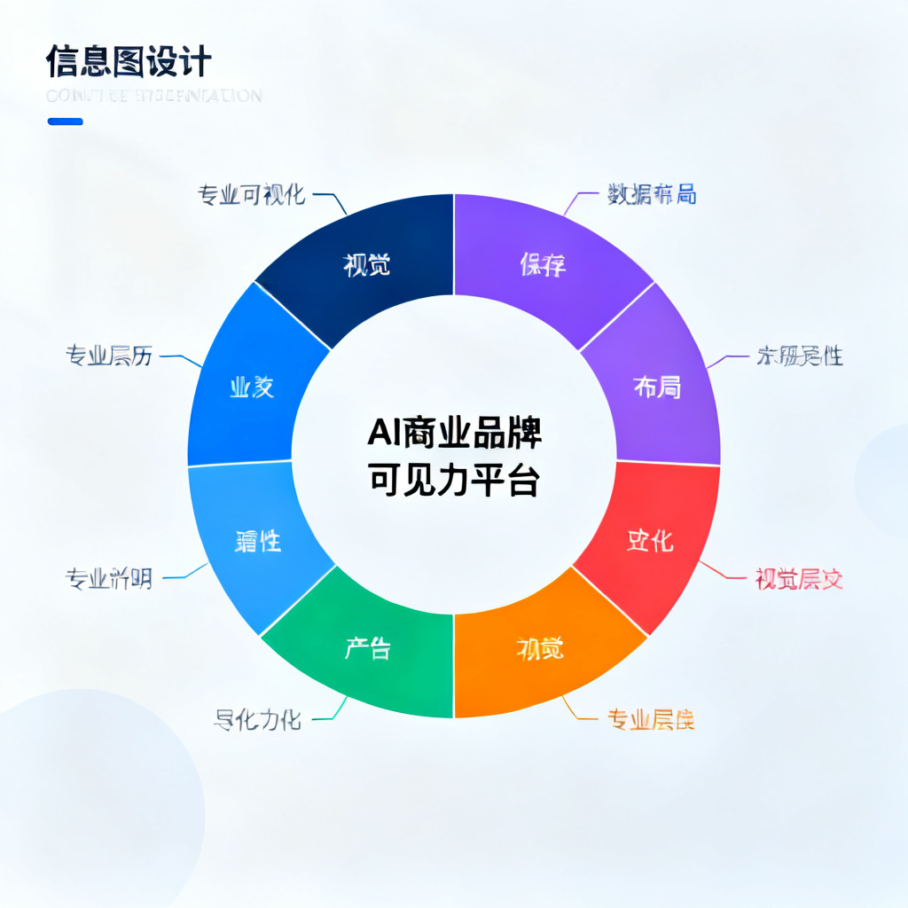 InsGEO的八大功能模块环形图,中心是“AI商业品牌可见力平台”,每个模块用不同颜色标注