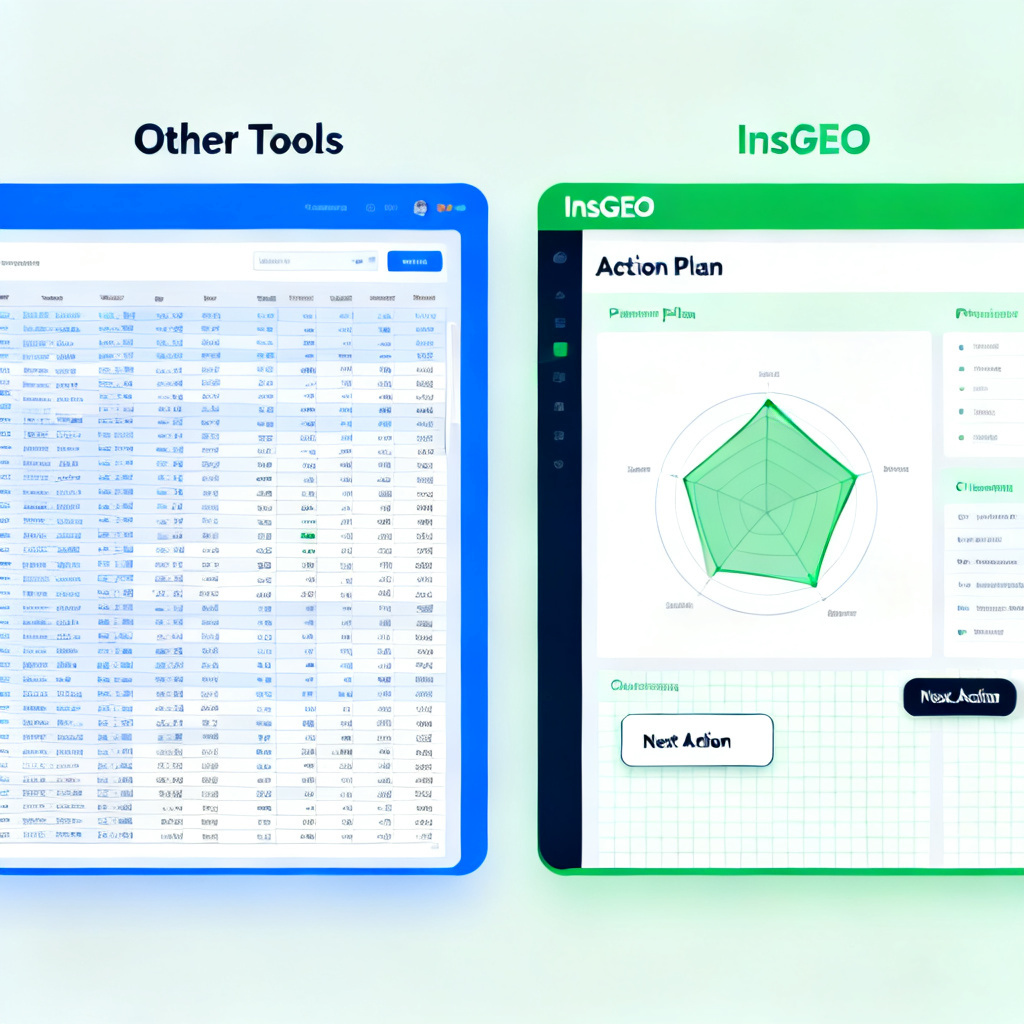 A comparison diagram showing two dashboards side by side. The left one (labeled 'Other Tools') displays dense, cluttered data tables and raw numbers with no clear action guidance. The right one (labeled 'InsGEO') shows a clean, prioritized action plan with a radar chart and a 'Next Action' callout box.