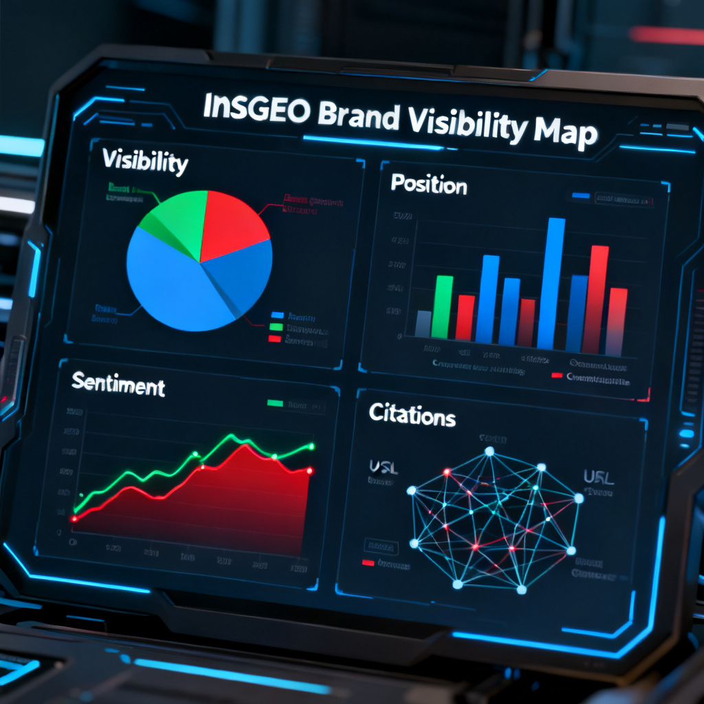 A futuristic dashboard interface showing four key metrics for brand health in AI: Visibility as a pie chart, Position as a bar chart comparing competitors, Sentiment as a color-coded line graph (green for positive, red for negative), and Citations as a network map showing URL sources. The dashboard is labeled "InsGEO Brand Visibility Map"