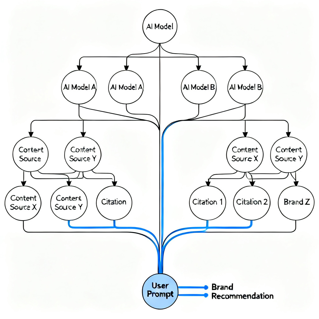 A visualization of AI conversation attribution, showing a branching tree structure from a user prompt through multiple AI models, with highlighted paths indicating which content sources and citations led to a specific brand recommendation.