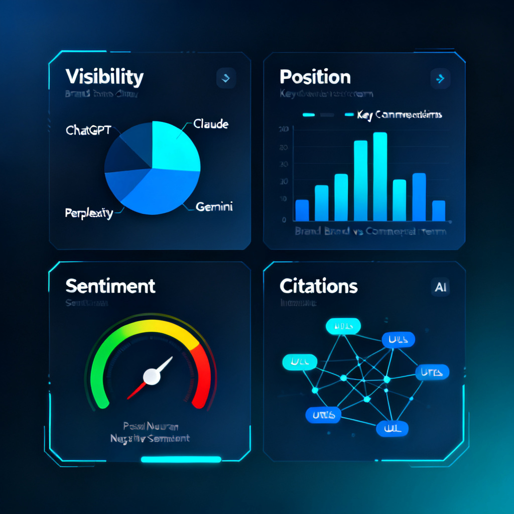 A sleek, futuristic dashboard displaying four key metrics: Visibility (a pie chart showing brand mention share among AI platforms like ChatGPT, Claude, Perplexity, Gemini), Position (a bar chart comparing brand vs competitors for a key commercial term), Sentiment (a green-yellow-red gauge showing positive/neutral/negative sentiment), and Citations (a network graph of URLs cited by AI). The style is professional, minimalist, with a dark blue and cyan color scheme, resembling a high-end business intelligence tool.