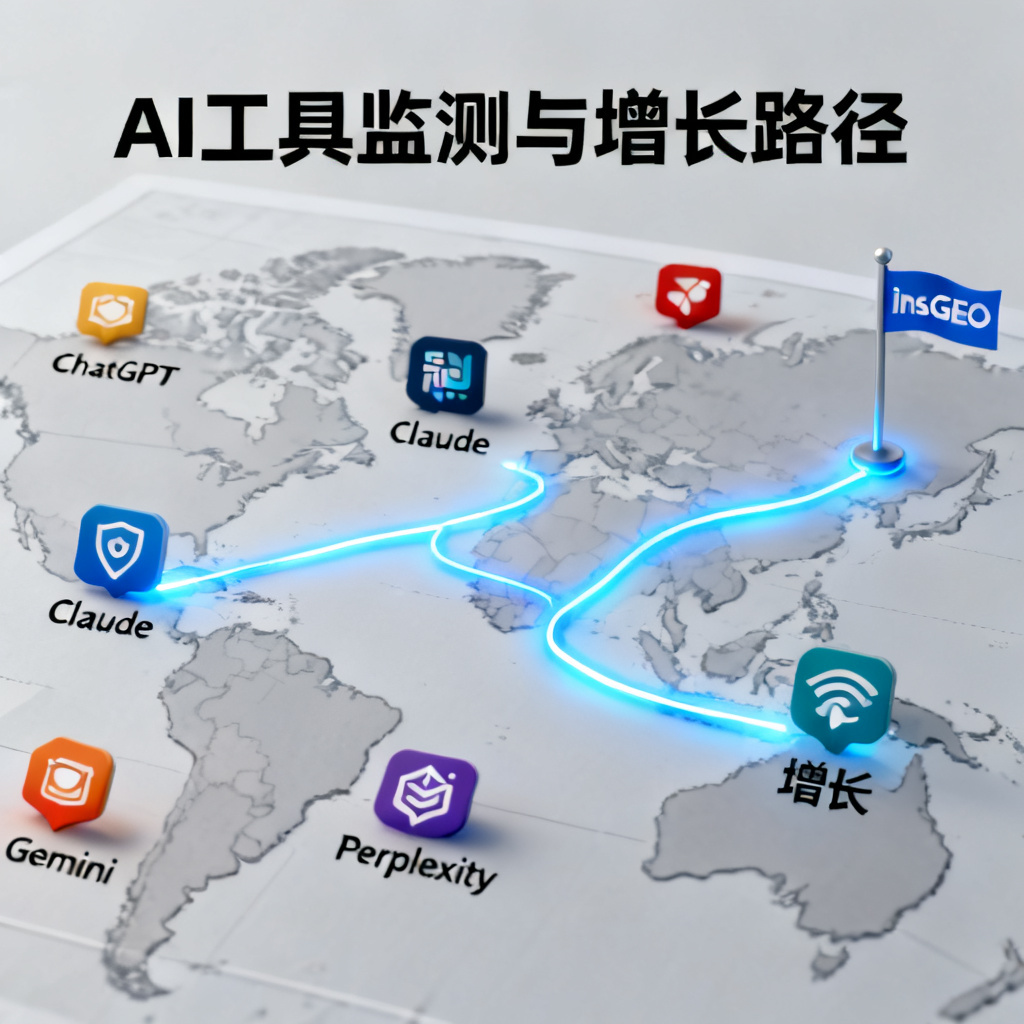 一张风格化的地图，上面标注ChatGPT、Claude、Perplexity、Gemini等图标，一条发光路径从“监测”指向“增长”，终点有InsGEO旗帜。