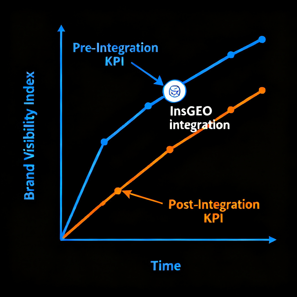 A line chart showing brand visibility index increasing over time, with an arrow pointing to 'InsGEO integration' milestone, comparing before and after KPIs.