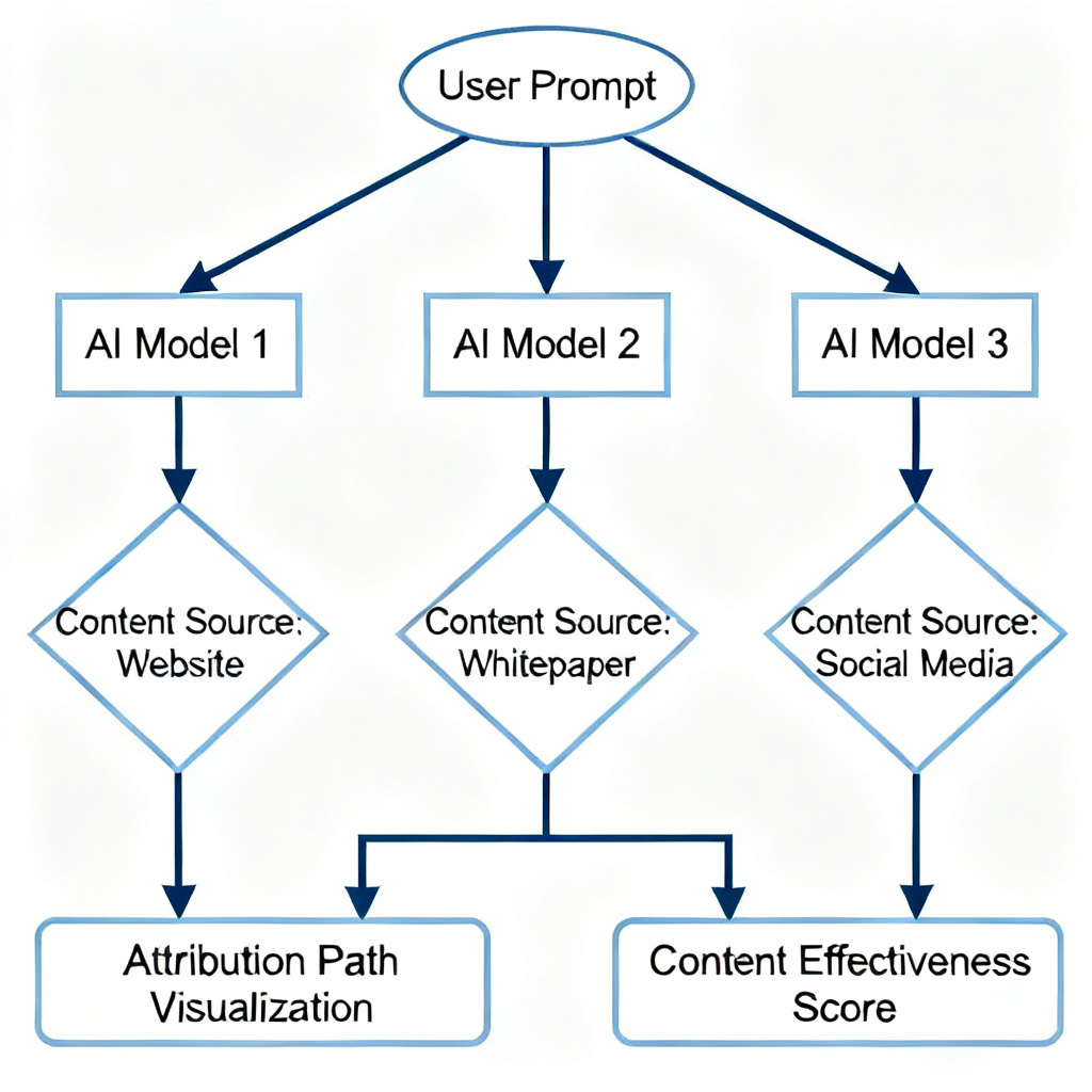 A flowchart diagram showing the process of "Dialogue Attribution and Effect Verification" in InsGEO. It starts with user prompts, passes through multiple AI models, traces back to specific content sources (websites, whitepapers, social media), and outputs a visualization of attribution paths and content effectiveness scores.