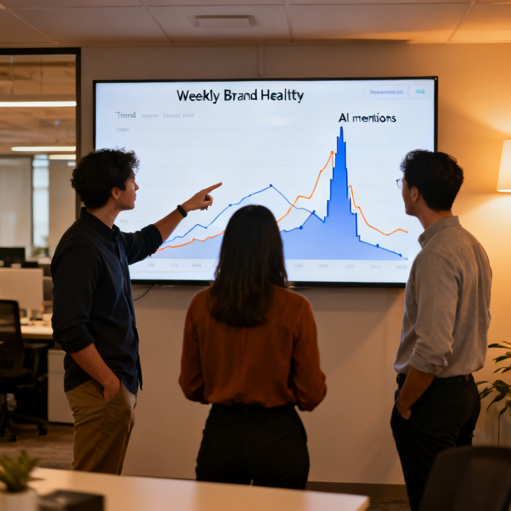 A team of three marketers looking at a large screen showing a weekly brand health map with trend lines; one person points at a spike in AI mentions. Modern office with warm lighting.