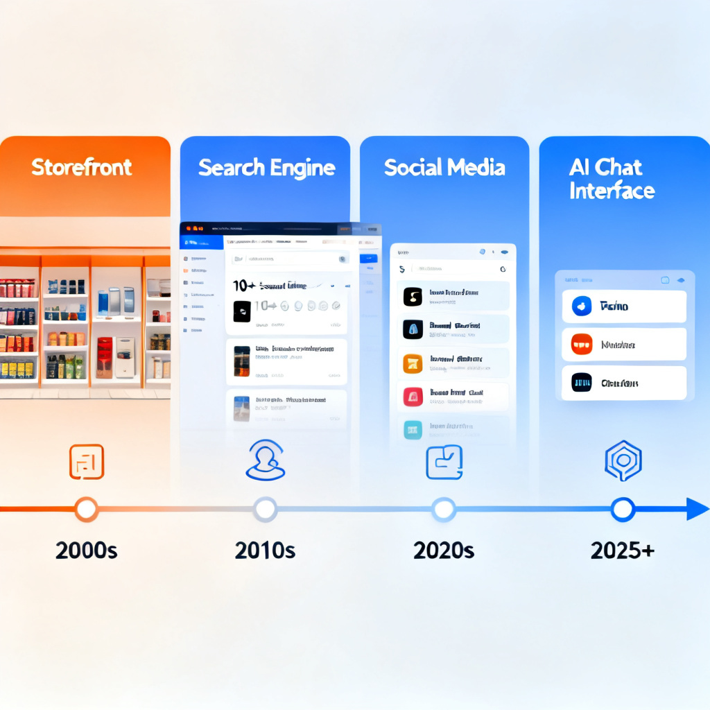 A timeline visualization showing the evolution of brand touchpoints: from storefront to search engine to social media to AI chat interface. Each stage has a decreasing number of visible options, ending with only three brand recommendations in an AI response.