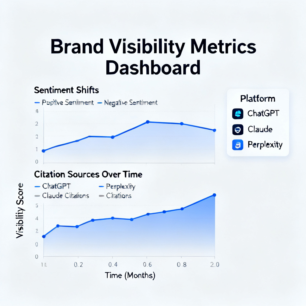 A sleek dashboard interface showing brand visibility metrics across AI platforms like ChatGPT, Claude, and Perplexity, with line graphs tracking sentiment shifts and citation sources over time, designed for marketing teams