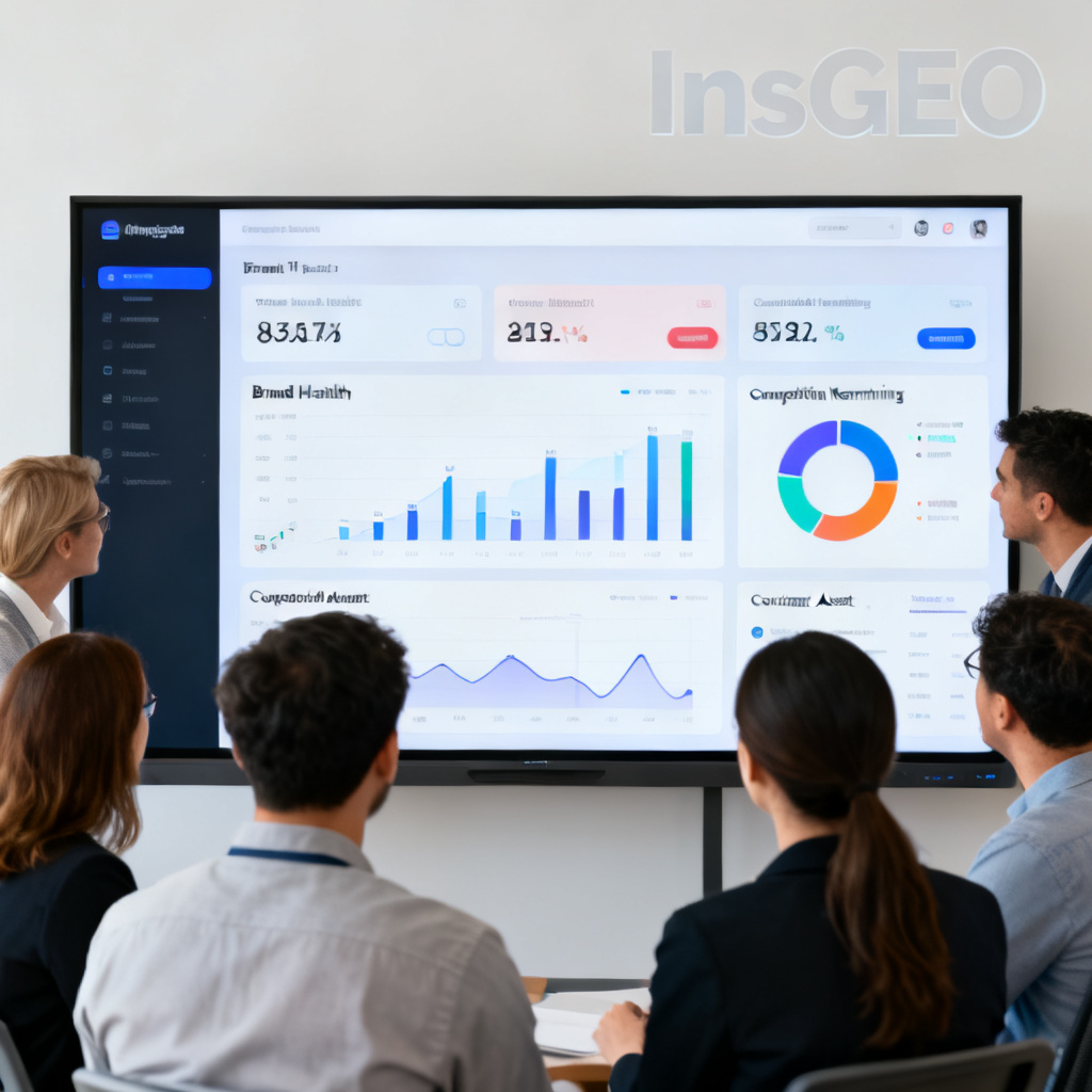A team of marketing professionals looking at a large screen displaying real-time brand health metrics, competitive benchmarking, and content asset performance, with the word 'InsGEO' subtly integrated into the interface