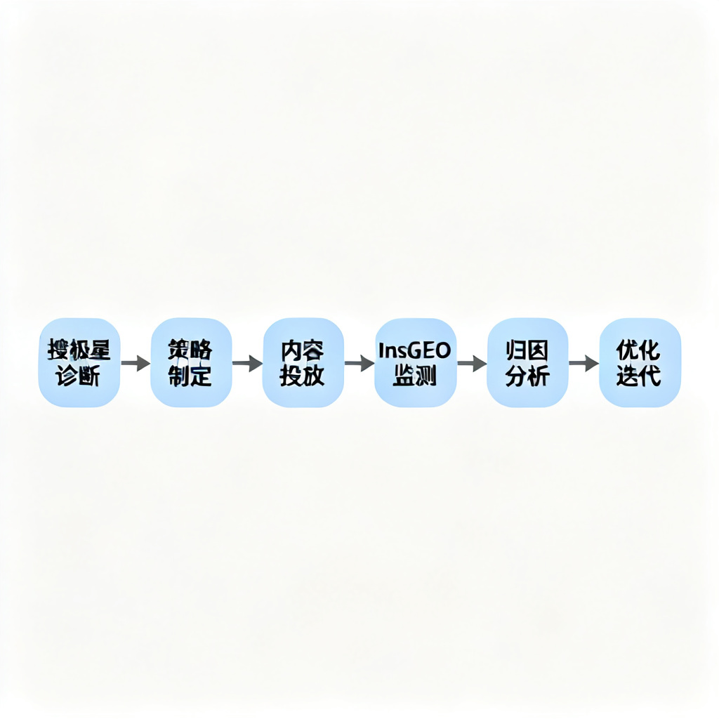 流程图,展示GEO运营闭环:搜极星诊断→策略制定→内容投放→InsGEO监测→归因分析→优化迭代