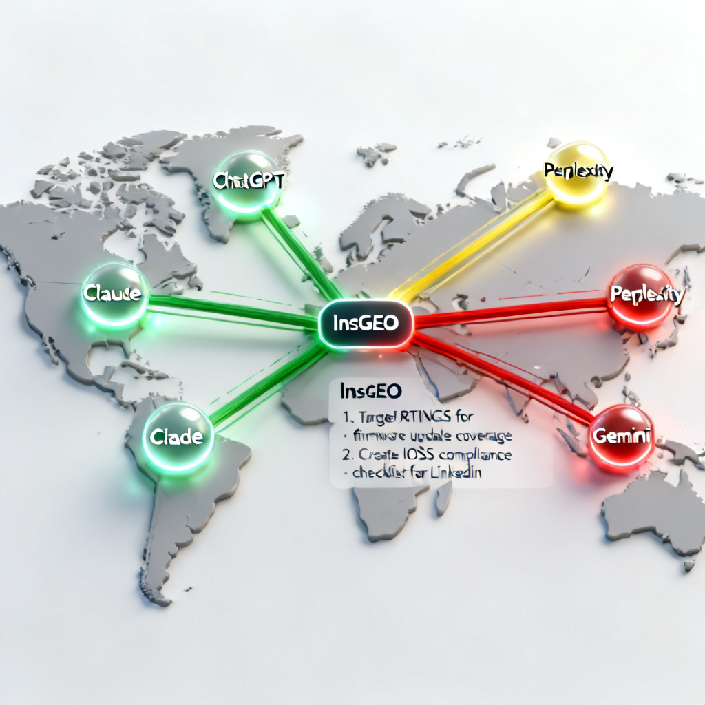 A 3D-rendered world map with glowing nodes representing major AI platforms (ChatGPT, Claude, Perplexity, Gemini). From each node, data streams (color-coded: green for positive sentiment, yellow for neutral, red for negative) flow into a central hub labeled 'InsGEO', which then outputs a simplified action plan (e.g., '1. Target RTINGS for firmware update coverage', '2. Create IOSS compliance checklist for LinkedIn'). The style is futuristic, data-visualization oriented, with a clean white background.
