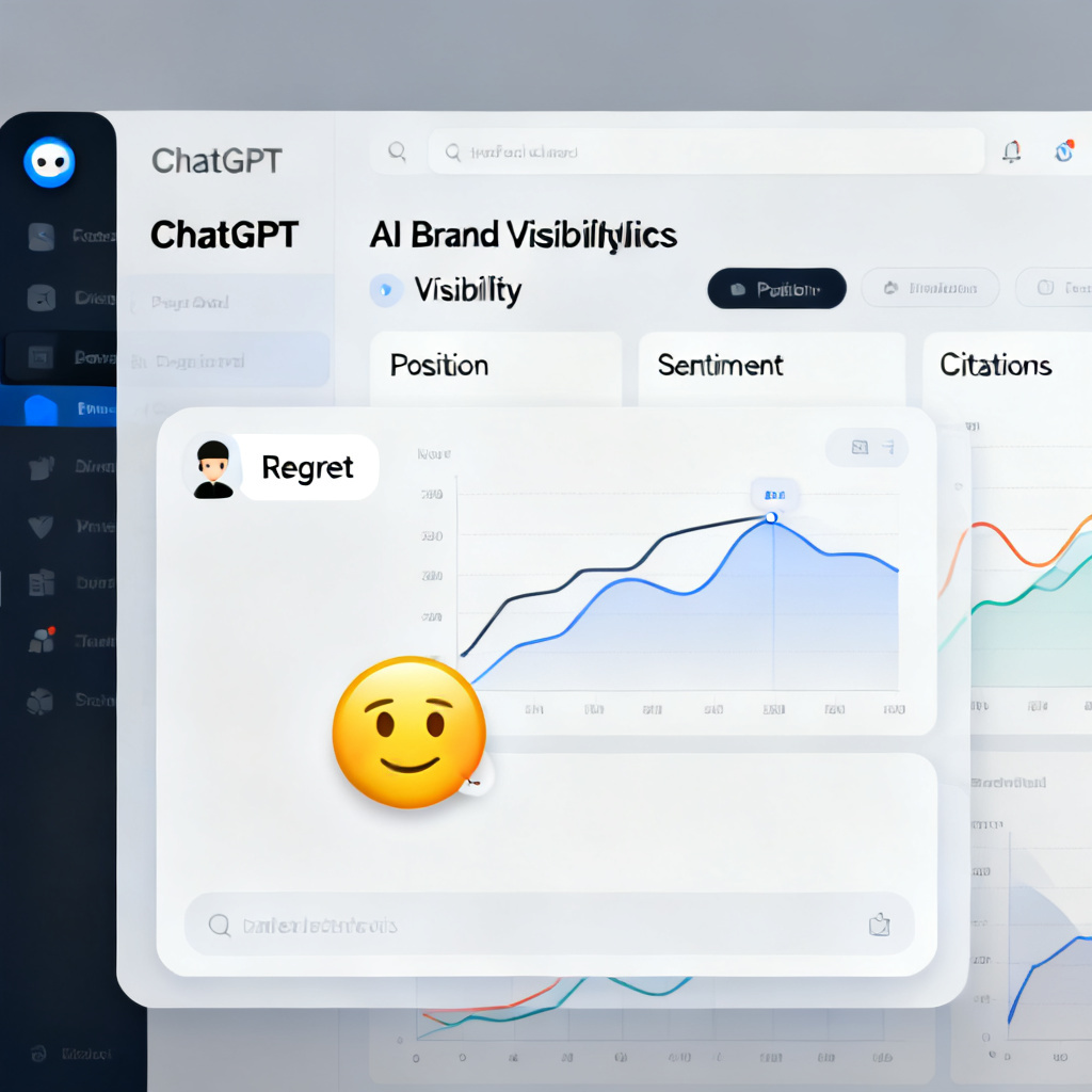 A professional dashboard showing AI brand visibility metrics (Visibility, Position, Sentiment, Citations) overlaid on a chatbot interface like ChatGPT, with a 'Regret' emotion sticker, modern clean design, data visualization