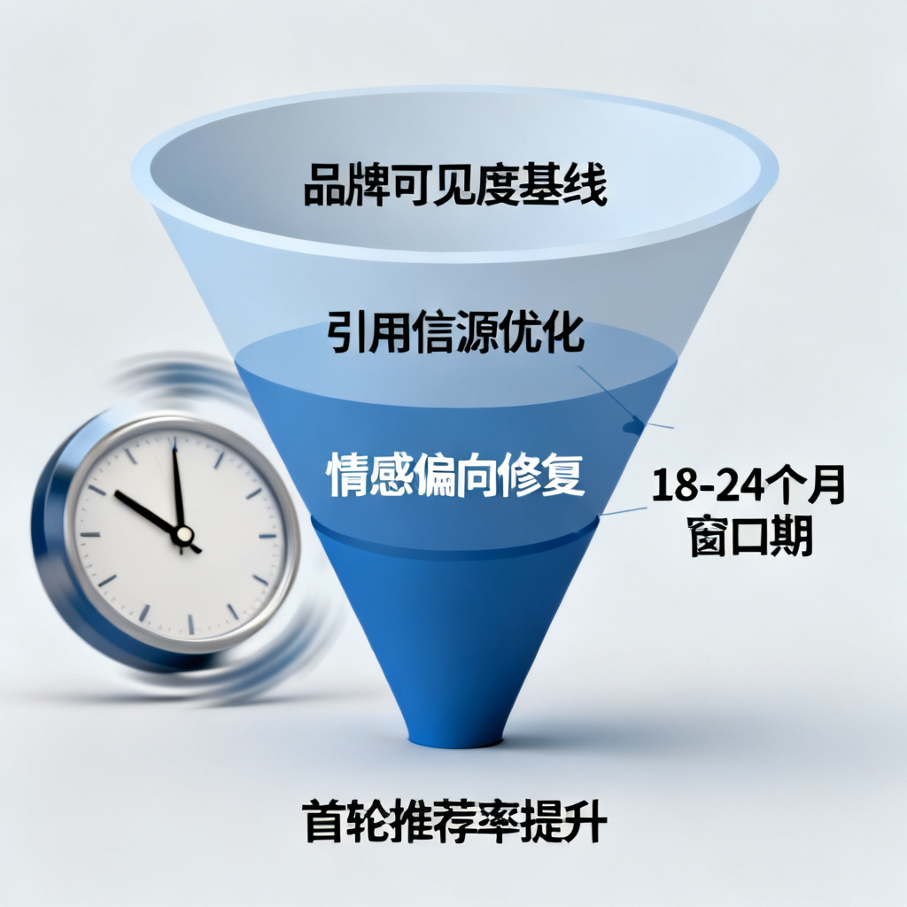 一张漏斗图，顶部为“品牌可见度基线”，中间为“引用信源优化”和“情感偏向修复”，底部为“首轮推荐率提升”。漏斗旁标注“18-24个月窗口期”，背景是时钟指针在转动。