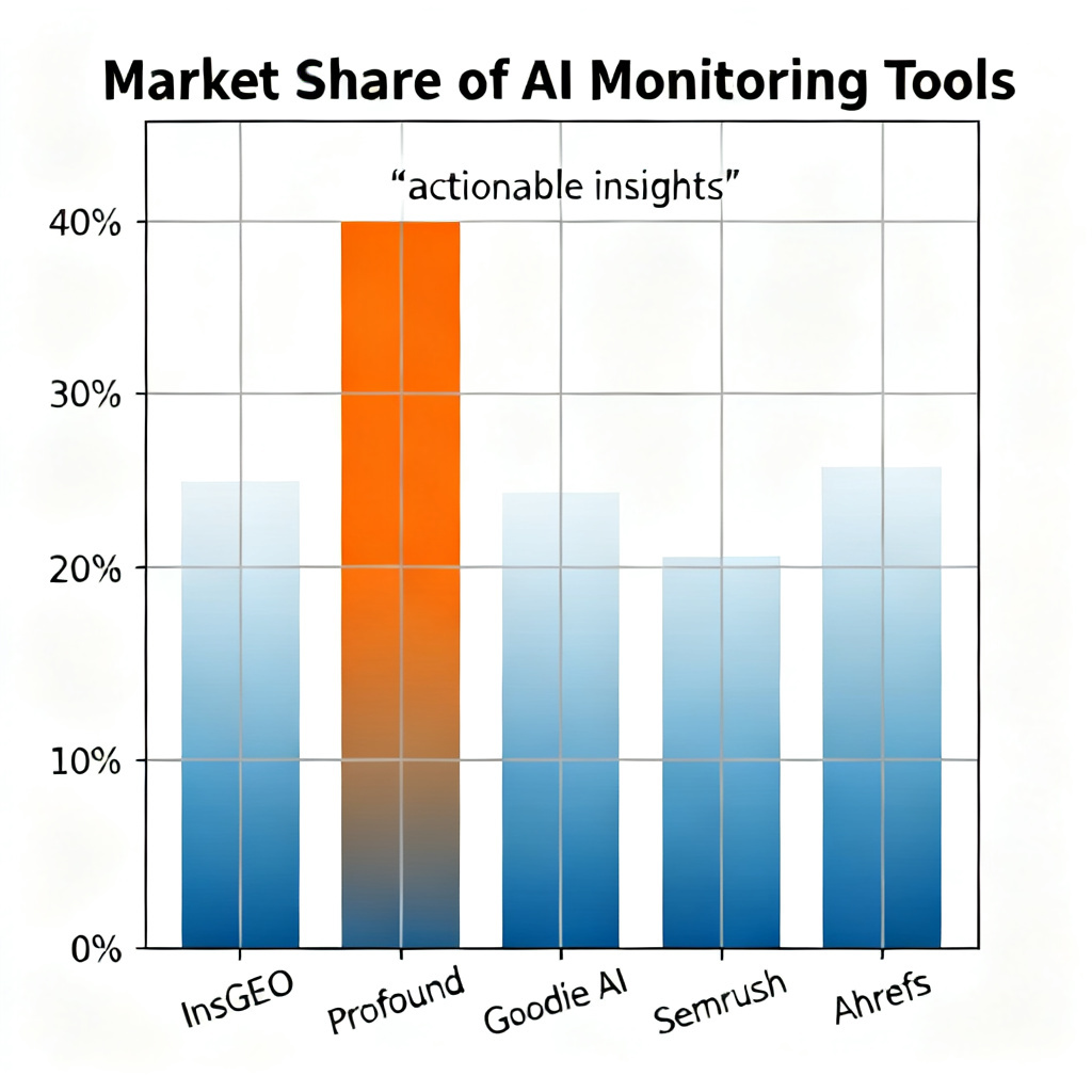 A comparative bar chart showing market share of AI monitoring tools, with InsGEO highlighted as top in "actionable insights" category, alongside Profound, Goodie AI, Semrush, and Ahrefs