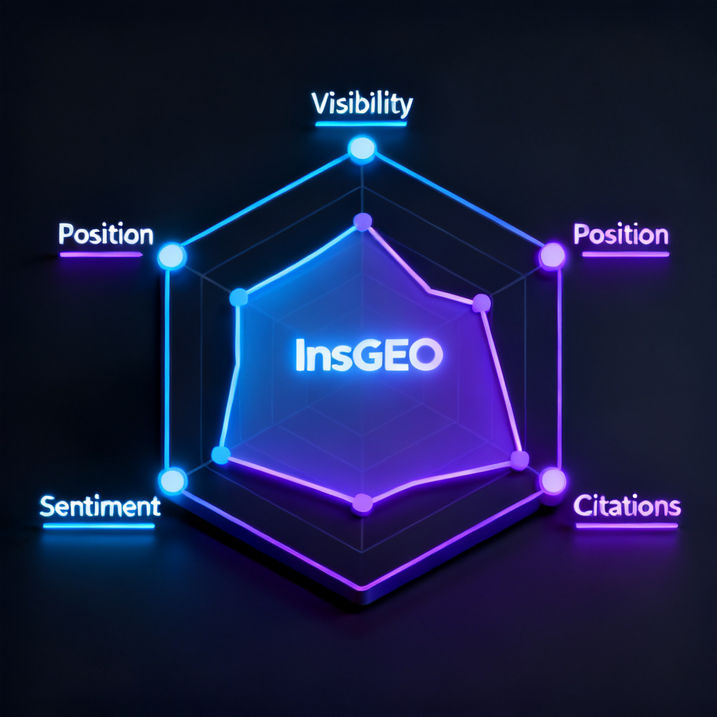 A radar chart or 3D dashboard with four axes labeled: Visibility, Position, Sentiment, Citations. Each axis has a glowing indicator showing different levels, with the overall shape forming an irregular polygon. In the center, the InsGEO logo glows softly. The background is dark, with a futuristic, data-driven aesthetic. Style: clean, tech-forward, with neon blue and purple accents.