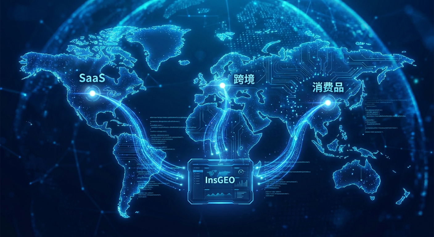 一张世界地图的俯视图，上面标记着三个发光点，分别标注着“SaaS”“消费品”“跨境”，每个点延伸出数据流线汇聚到中央一个名为“InsGEO”的仪表盘图标，科技感，蓝色调