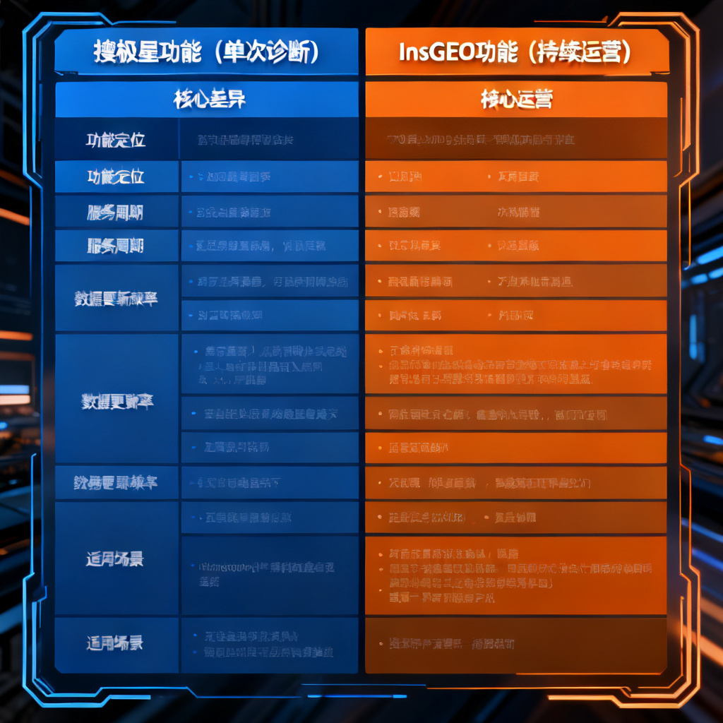 一张对比表格的AI渲染图，左侧为搜极星功能（单次诊断），右侧为InsGEO功能（持续运营），突出差异