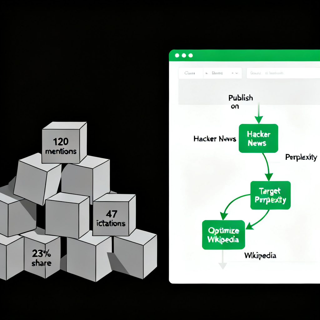 A conceptual illustration showing a pile of raw data blocks labeled "120 mentions," "47 citations," "23% share" on one side, representing data overload. On the other side, a clean, actionable dashboard transforms those blocks into a clear roadmap with arrows pointing to "Publish on Hacker News," "Target Perplexity," "Optimize Wikipedia." Style: minimalist, flat design, with contrasting colors of gray (data pile) and green (actionable insights).