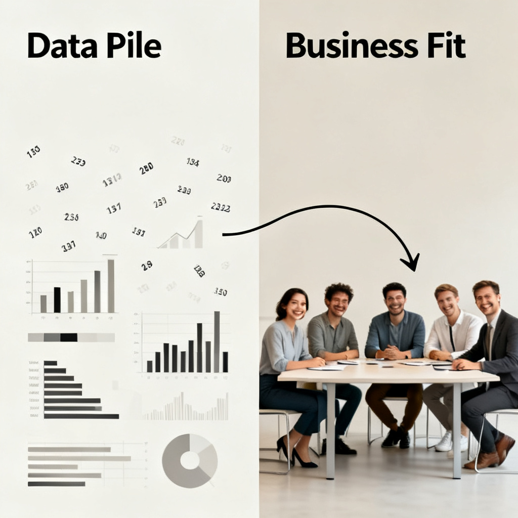 A minimalist infographic comparing two columns: left column 'Data Pile' with scattered numbers and charts, right column 'Business Fit' with a flowing arrow connecting data to a smiling team around a table.