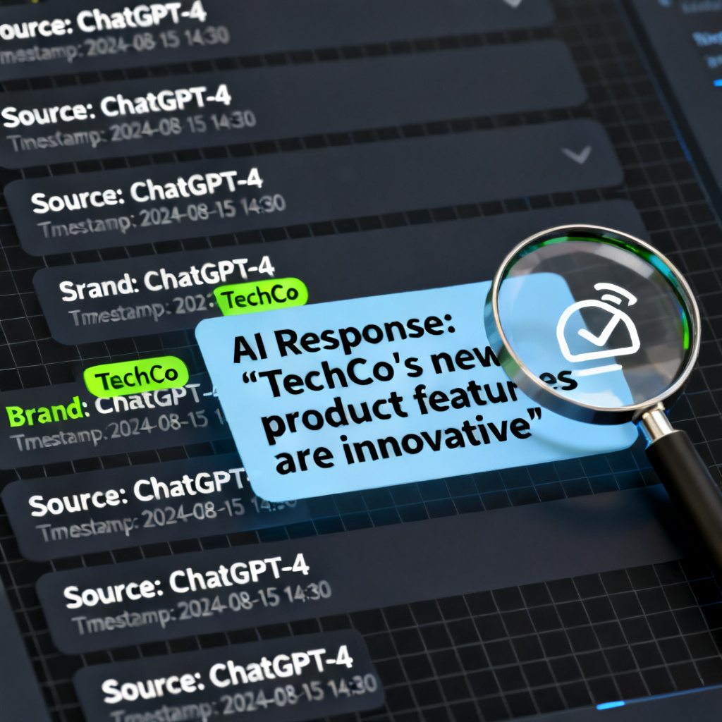 A professional data dashboard showing AI conversation logs with traceable sources and brand mentions highlighted in green, with a magnifying glass over a specific AI response.