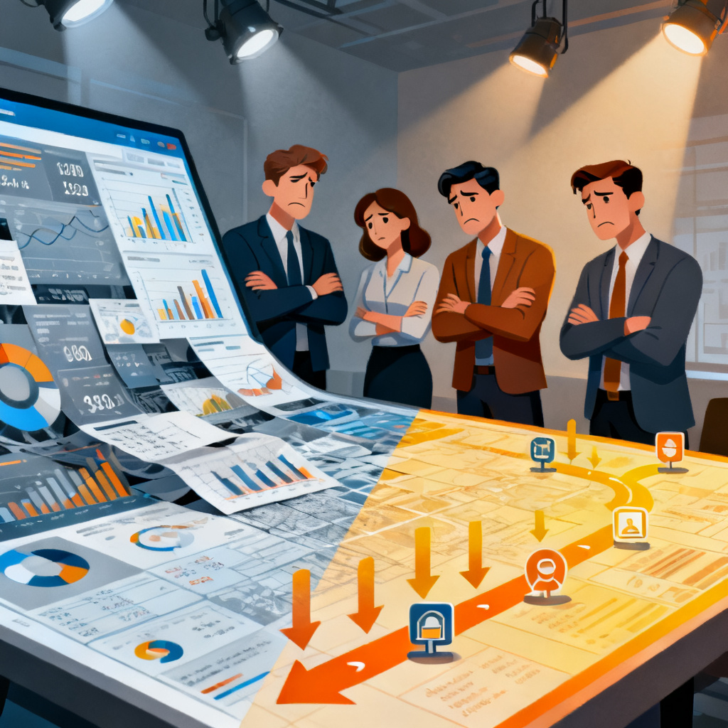 A conceptual visualization showing a marketing team staring at a complex data dashboard with charts and numbers, but looking confused and unable to take action. The scene transitions to a clear, actionable roadmap emerging from the data.