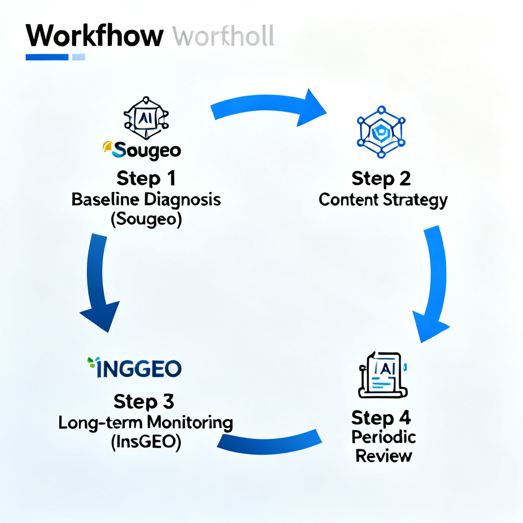 A workflow diagram showing a four-step cycle: 1) Baseline Diagnosis (Sougeo), 2) Content Strategy, 3) Long-term Monitoring (InsGEO), 4) Periodic Review. Arrows connect each step, with AI model icons and brand logos integrated into the flow.
