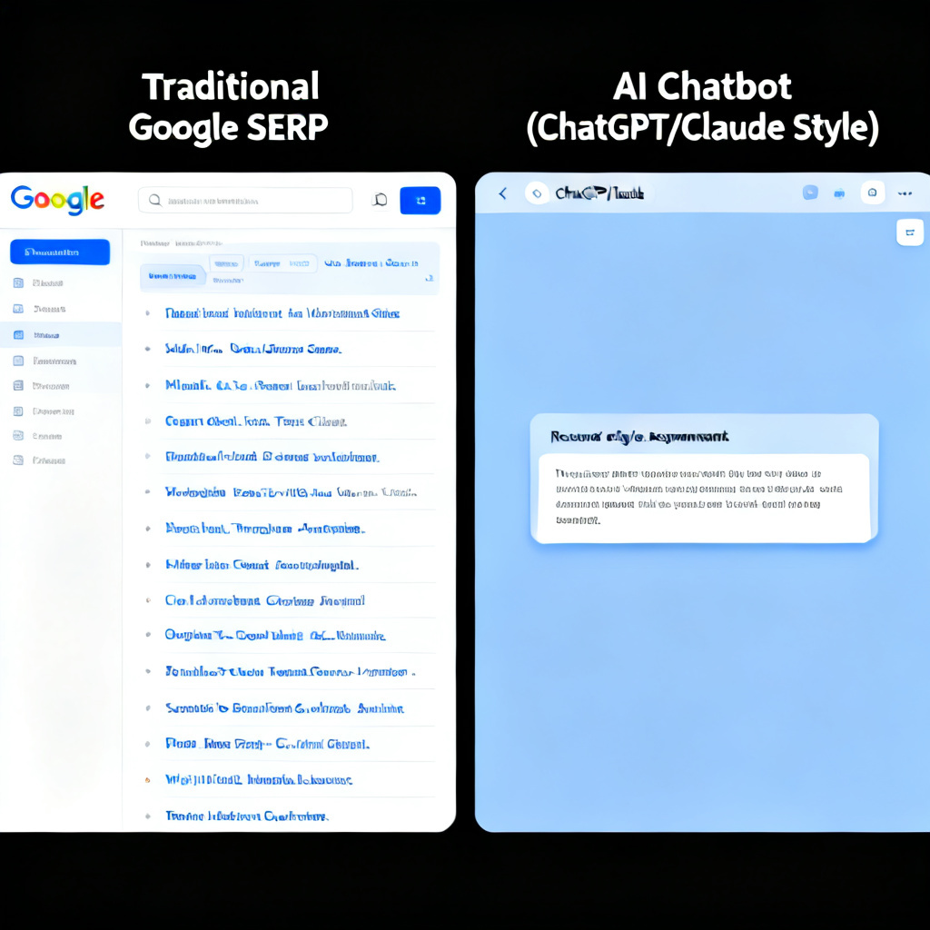 A split-screen illustration comparing a traditional Google search results page (SERP) with multiple blue links on the left, and a modern AI chatbot interface (ChatGPT/Claude style) generating a concise summary recommendation on the right. The contrast highlights the user's attention shift from browsing links to reading the AI's single answer.