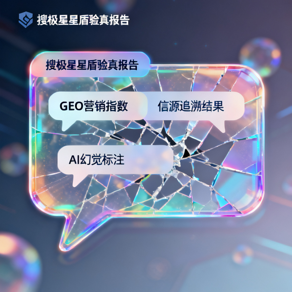 搜极星星盾验真报告界面,显示GEO营销指数、信源追溯结果和AI幻觉标注,背景是破碎的AI对话气泡