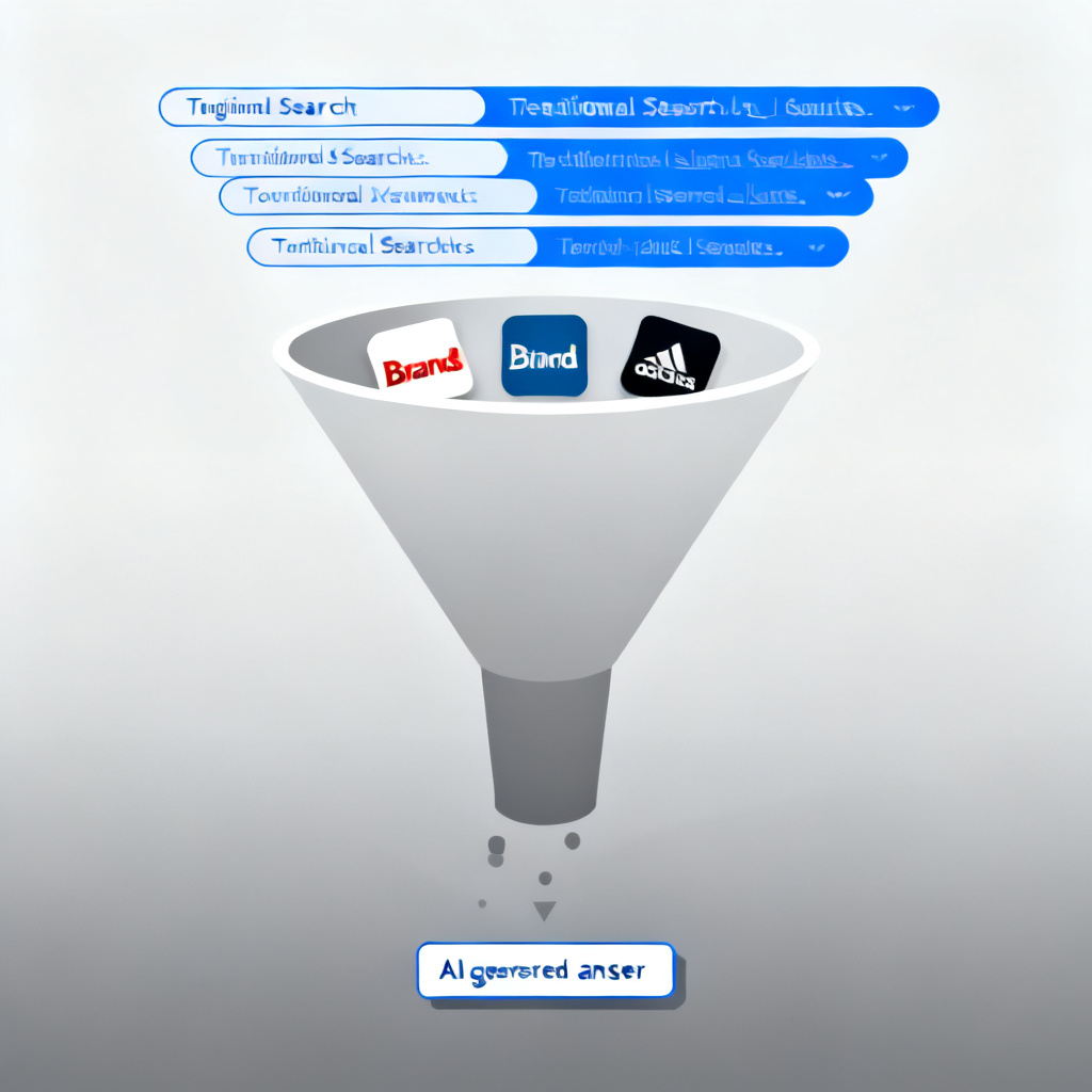 An abstract visualization of a data funnel, with the top representing traditional search results (blue links) and the bottom representing a single AI-generated answer box, where only the top 3 brands are visible. Other brands fall off the funnel into a gray abyss. Style: infographic, clean lines, blue and gray palette.