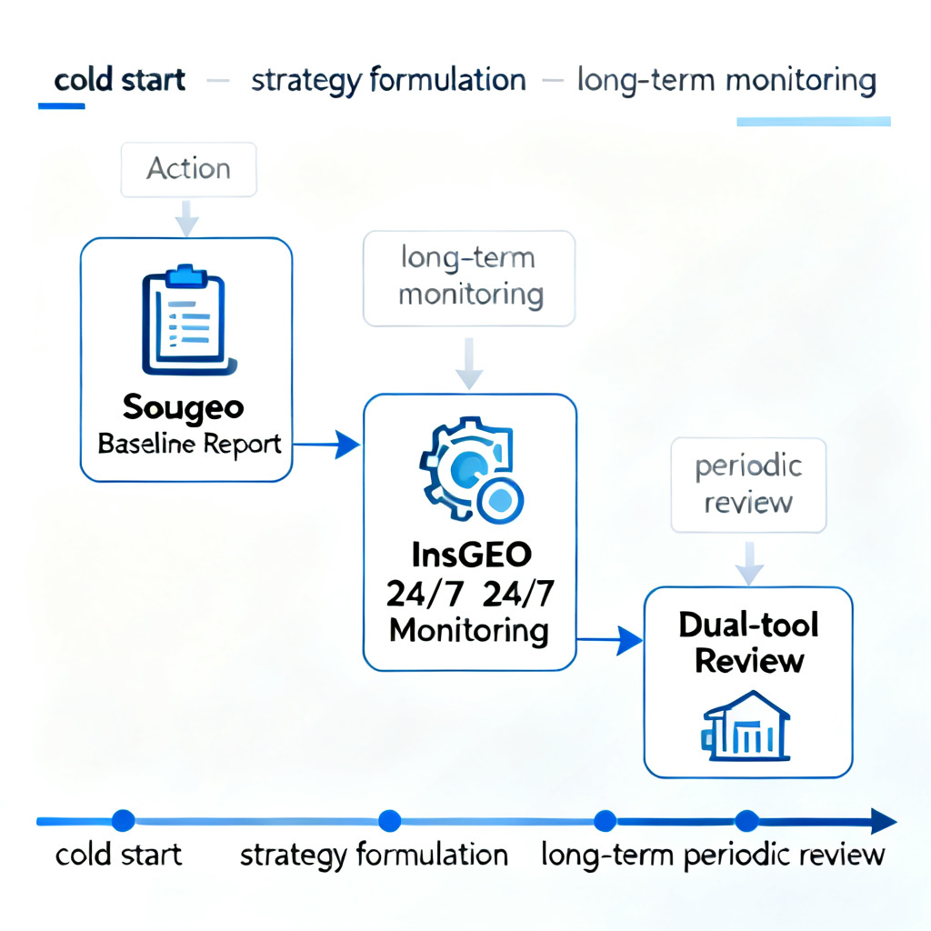 A horizontal timeline workflow diagram. X-axis: time stages (cold start, strategy formulation, long-term monitoring, periodic review). Y-axis: action items. The first stage shows 'Sougeo Baseline Report', the third stage shows 'InsGEO 24/7 Monitoring', and the last stage shows 'Dual-tool Review'. Arrows connecting each stage. Corporate flat design style.
