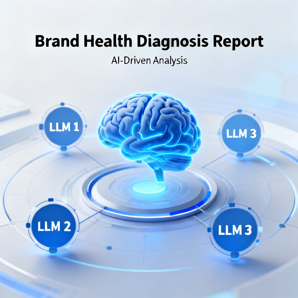A futuristic dashboard interface showing a brand health diagnosis report, with a central AI brain symbol surrounded by data nodes representing different large language models, in a clean blue and white corporate style