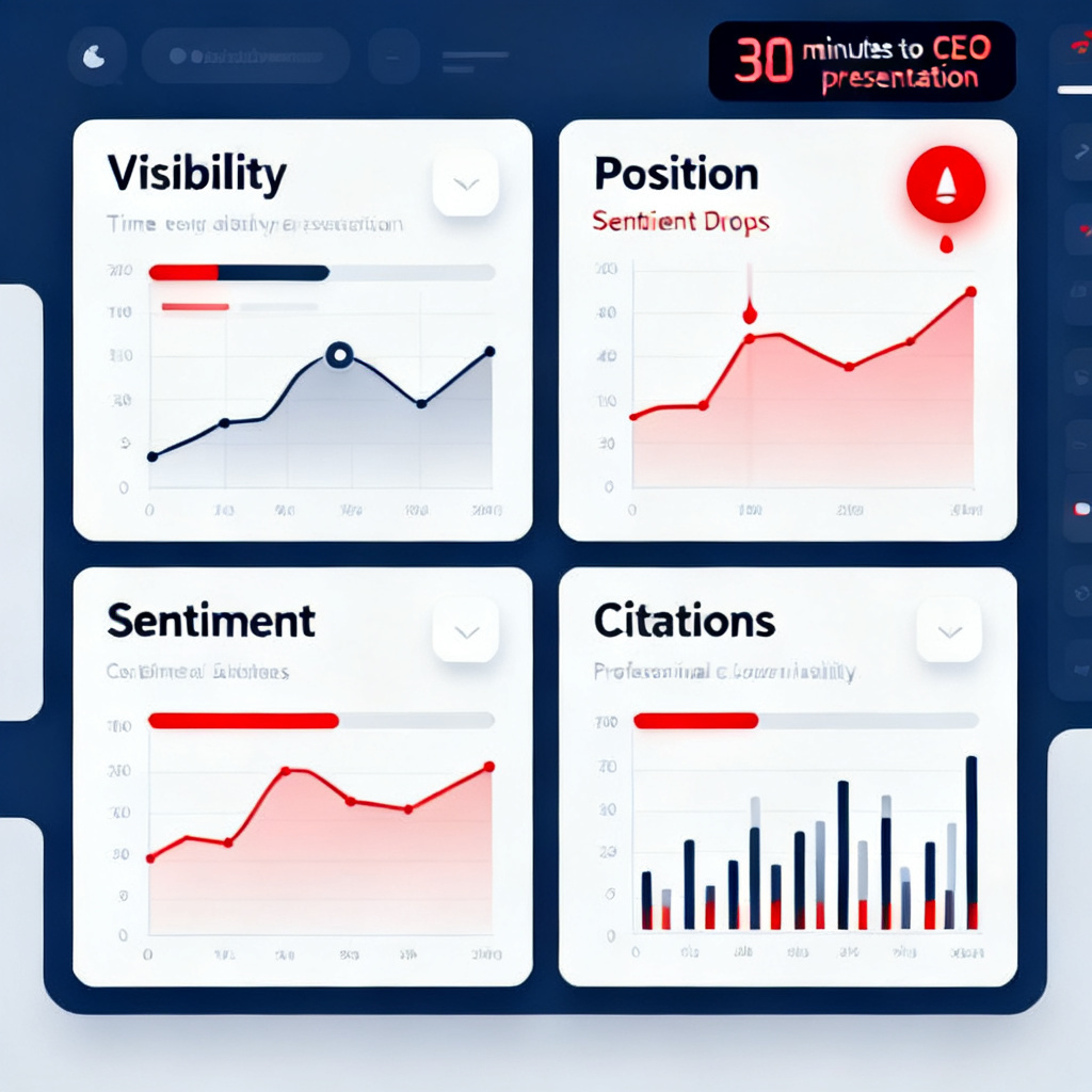 A dashboard interface showing real-time AI brand visibility metrics with red alerts for sentiment drops, featuring four panels for Visibility, Position, Sentiment, and Citations, with a timer showing "30 minutes to CEO presentation" in the corner