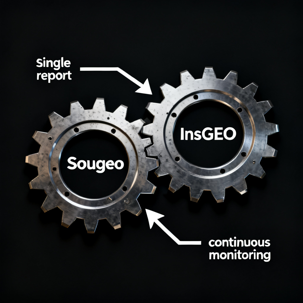 Two interconnected gears labeled 'Sougeo' and 'InsGEO' working together, with arrows showing data flow from single report to continuous monitoring, industrial design style, metallic textures, dark background.