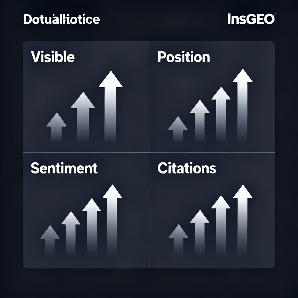 一个仪表盘，四个象限分别显示‘Visible’, ‘Position’, ‘Sentiment’, ‘Citations’，数据箭头向上，代表InsGEO的指标体系