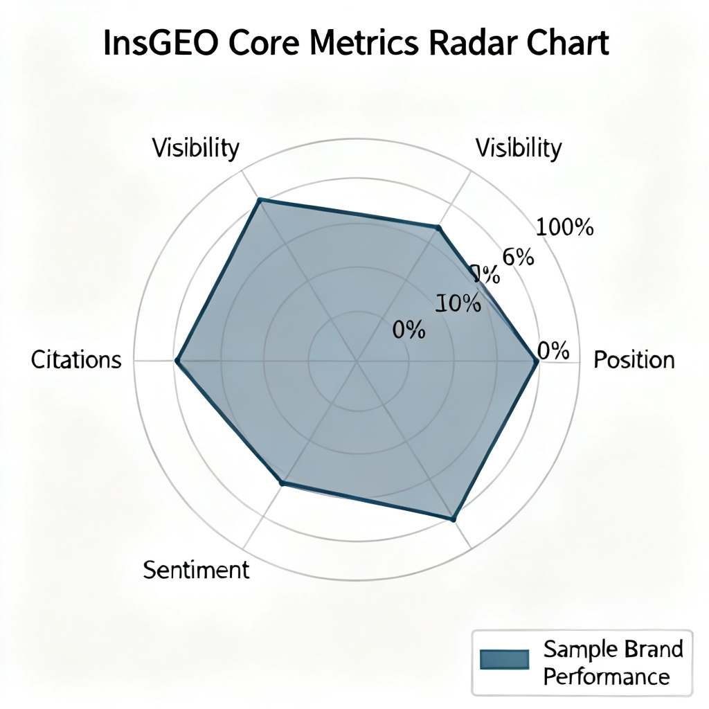 A radar chart illustrating InsGEO's four core metrics: Visibility, Position, Sentiment, and Citations. Each axis is labeled with a percentage scale, and a sample brand's performance is plotted with a shaded area, showing balanced strength across all four dimensions.