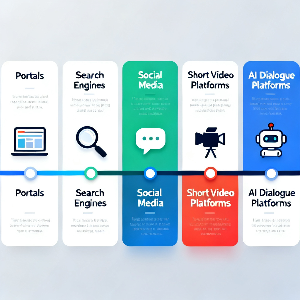 A timeline infographic showing the evolution of traffic distribution from portals to search engines to social media to short video platforms to AI dialogue platforms, each stage with a distinct icon, professional data visualization style
