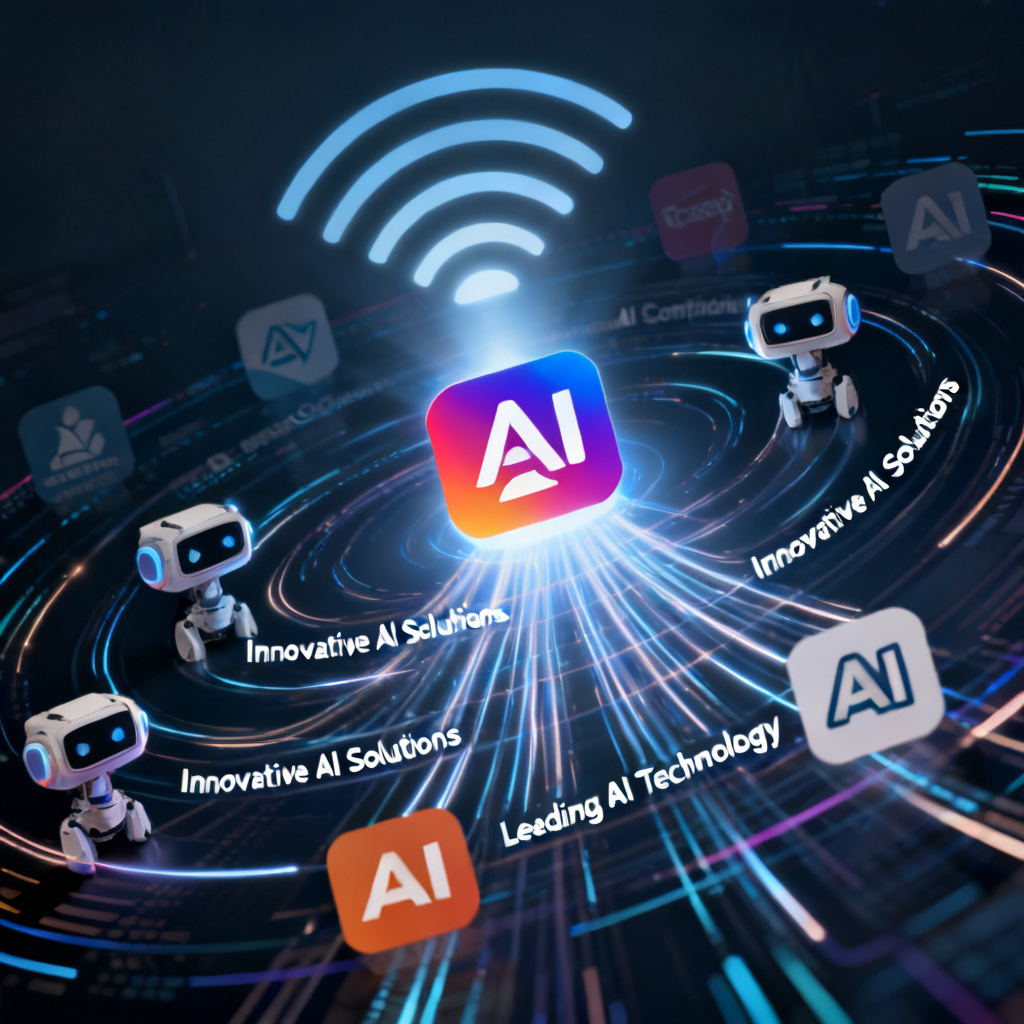 A conceptual illustration of brand AI mind share, with multiple AI model logos orbiting around a central brand icon. The brand icon emits a strong signal, while competitor brands appear as faded, smaller icons in the periphery. Data streams connect the brand to positive AI citations.